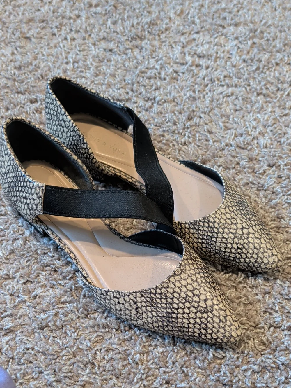 Preston & York Neutral Snake-Print Pointed D'Orsay Flats with Black Cross Strap